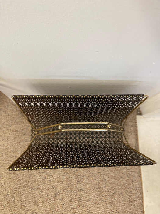 Mid-Century Modern Brass Toned and Black Enamel Metal Magazine Rack with Atomic Geometric Mesh Design
