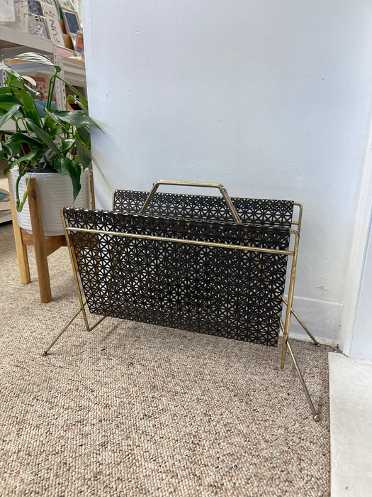 Mid-Century Modern Brass Toned and Black Enamel Metal Magazine Rack with Atomic Geometric Mesh Design