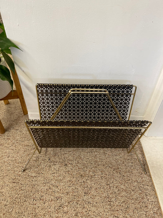 Mid-Century Modern Brass Toned and Black Enamel Metal Magazine Rack with Atomic Geometric Mesh Design