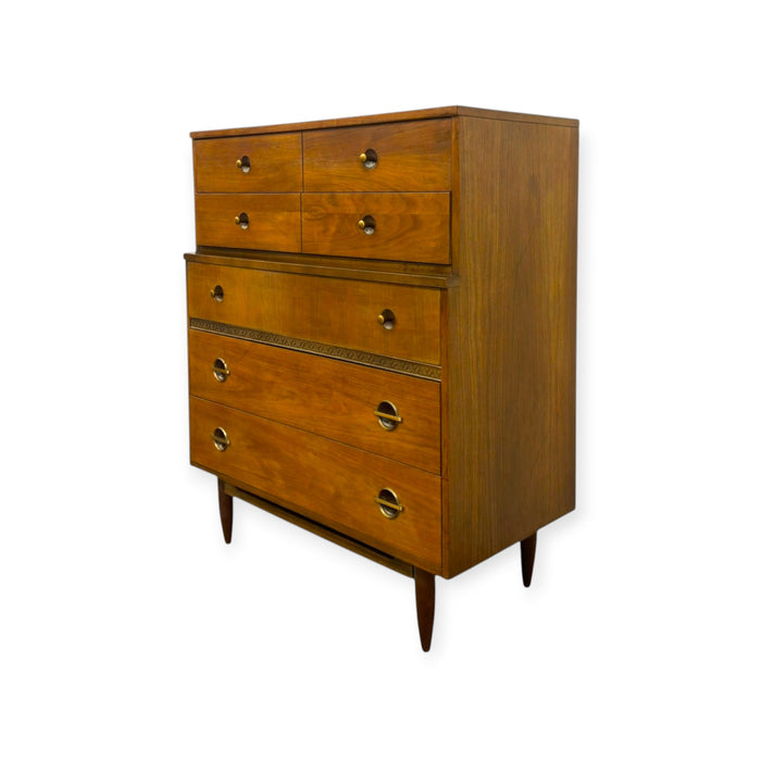 Vintage Mid Century Modern American Walnut Tallboy 5 Drawer Dresser