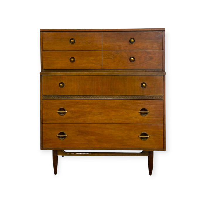 Vintage Mid Century Modern American Walnut Tallboy 5 Drawer Dresser
