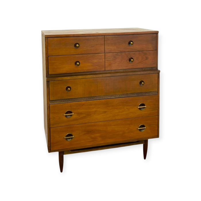 Vintage Mid Century Modern American Walnut Tallboy 5 Drawer Dresser