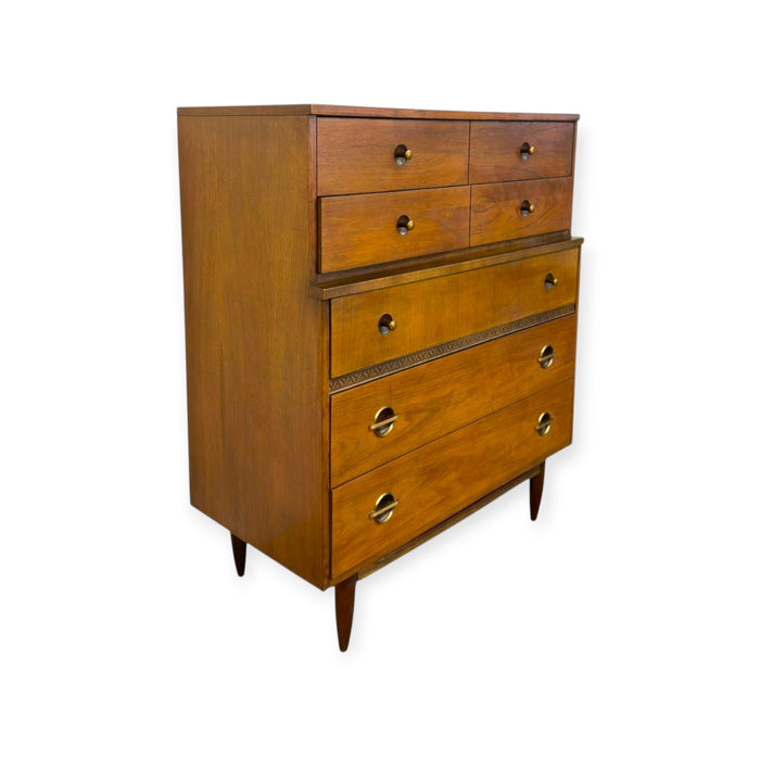 Vintage Mid Century Modern American Walnut Tallboy 5 Drawer Dresser