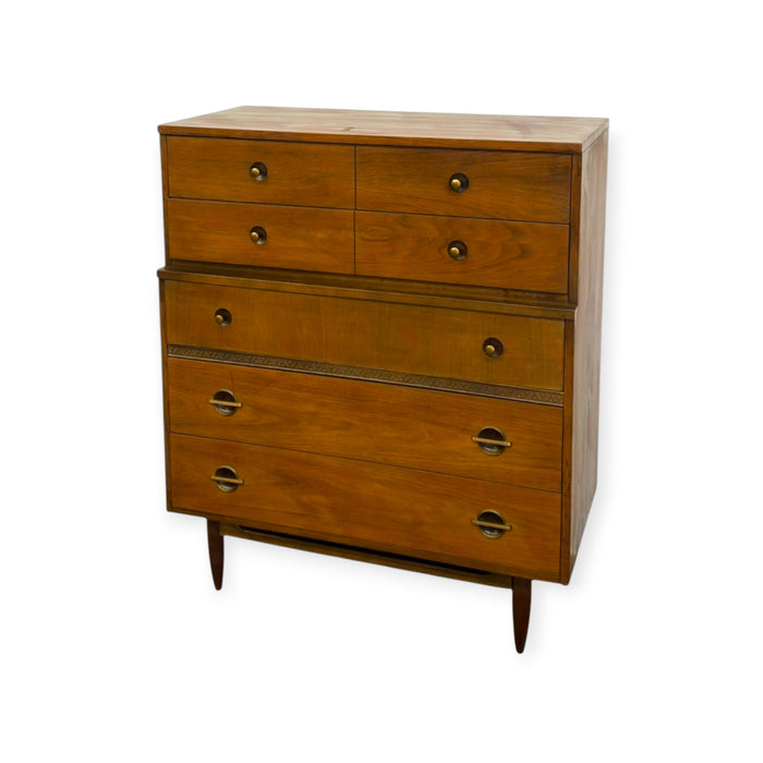 Vintage Mid Century Modern American Walnut Tallboy 5 Drawer Dresser