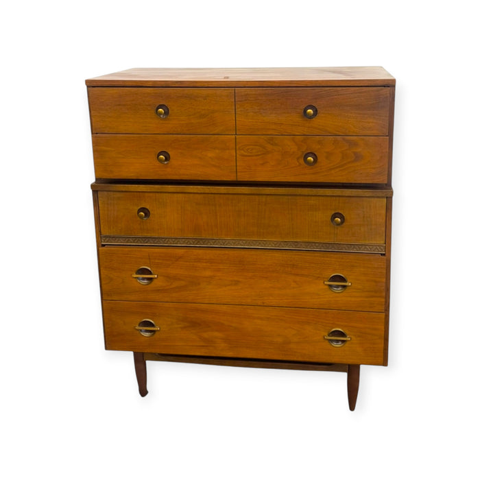 Vintage Mid Century Modern American Walnut Tallboy 5 Drawer Dresser