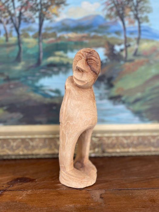 Hand-Carved Mid 20th Century Abstract Wooden Figure Sculpture in Natural Finish.