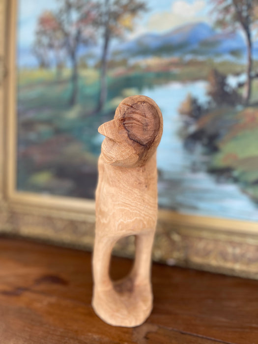 Hand-Carved Mid 20th Century Abstract Wooden Figure Sculpture in Natural Finish.