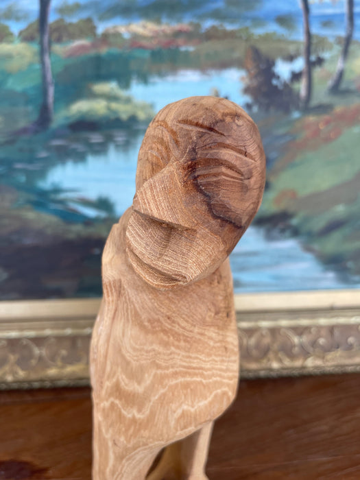 Hand-Carved Mid 20th Century Abstract Wooden Figure Sculpture in Natural Finish.