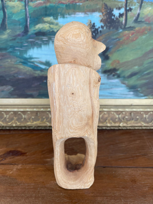 Hand-Carved Mid 20th Century Abstract Wooden Figure Sculpture in Natural Finish.