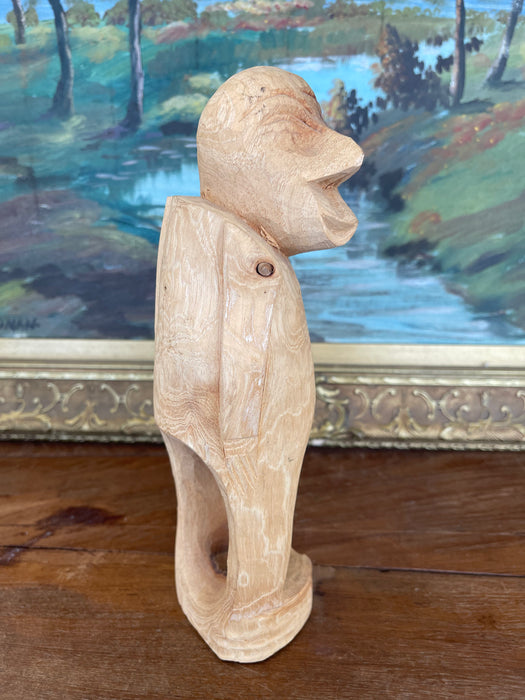 Hand-Carved Mid 20th Century Abstract Wooden Figure Sculpture in Natural Finish.