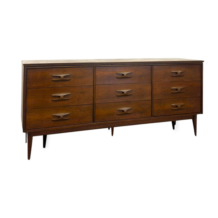 Vintage Mid Century Modern Bassett Furniture Walnut Triple Dresser Credenza.