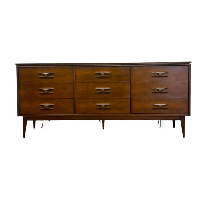 Vintage Mid Century Modern Bassett Furniture Walnut Triple Dresser Credenza.