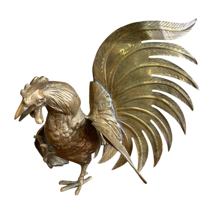 Vintage Sculptural Rooster Figurine in Possibly Brass with Oversized Tail Feathers.