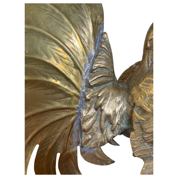 Vintage Sculptural Rooster Figurine in Possibly Brass with Oversized Tail Feathers.
