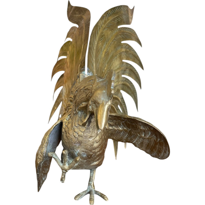 Vintage Sculptural Rooster Figurine in Possibly Brass with Oversized Tail Feathers.