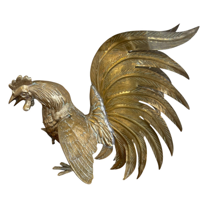 Vintage Sculptural Rooster Figurine in Possibly Brass with Oversized Tail Feathers.