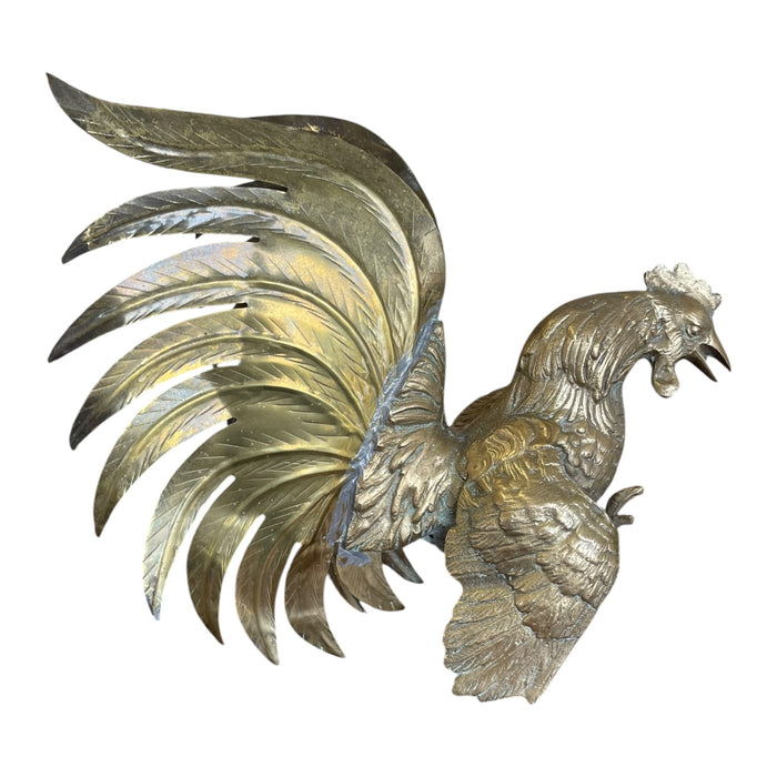 Vintage Sculptural Rooster Figurine in Possibly Brass with Oversized Tail Feathers.