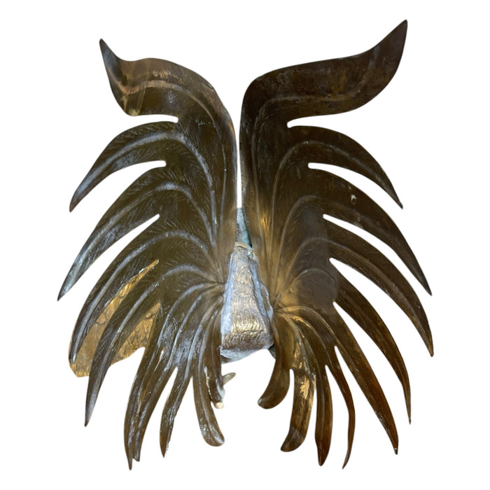 Vintage Sculptural Rooster Figurine in Possibly Brass with Oversized Tail Feathers.