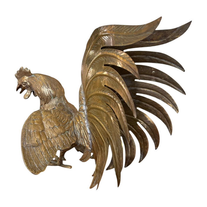 Vintage Sculptural Rooster Figurine in Possibly Brass with Oversized Tail Feathers.