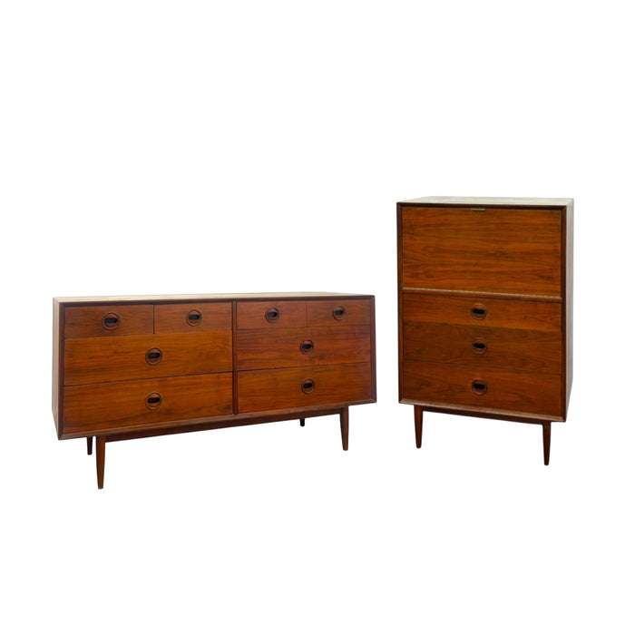 Vintage Mid Century Modern Walnut Credenza Dresser & Drop-Front Secretary Desk Set