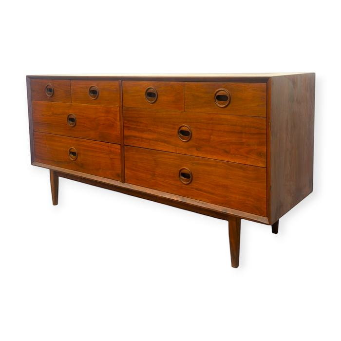 Vintage Mid Century Modern Style 8-Drawer Walnut Dresser Credenza.