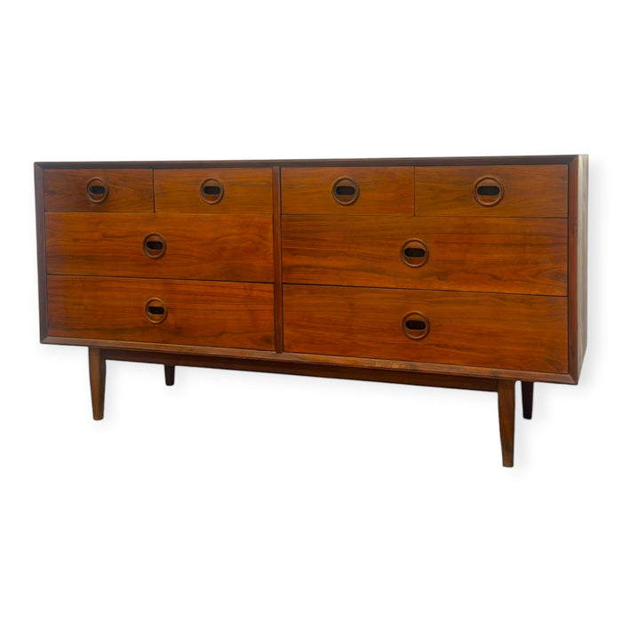Vintage Mid Century Modern Style 8-Drawer Walnut Dresser Credenza.