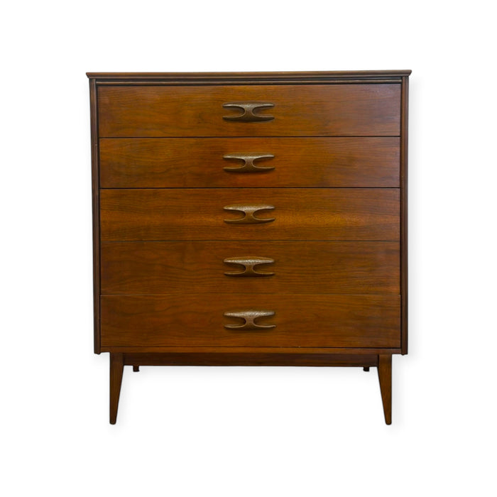 Vintage Mid Century Modern Bassett Walnut 3-Piece Bedroom Set – 9-Drawer Dresser, Highboy Chest & Nightstand