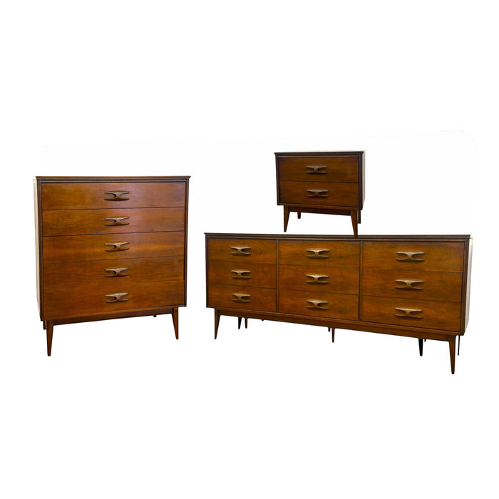 Vintage Mid Century Modern Bassett Walnut 3-Piece Bedroom Set – 9-Drawer Dresser, Highboy Chest & Nightstand