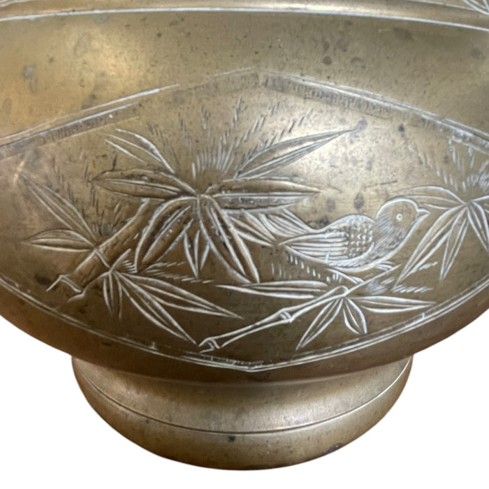 Vintage Possibly Brass Jardiniere Planter with Engraved Floral and Geometric Design.