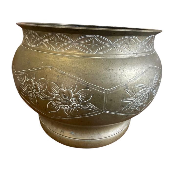 Vintage Possibly Brass Jardiniere Planter with Engraved Floral and Geometric Design.