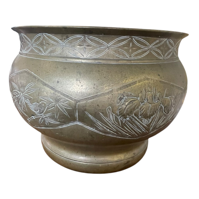 Vintage Possibly Brass Jardiniere Planter with Engraved Floral and Geometric Design.