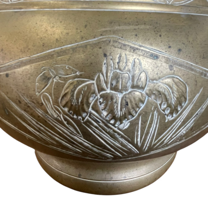 Vintage Possibly Brass Jardiniere Planter with Engraved Floral and Geometric Design.