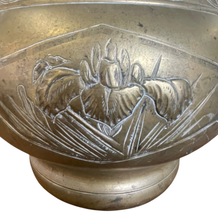 Vintage Possibly Brass Jardiniere Planter with Engraved Floral and Geometric Design.