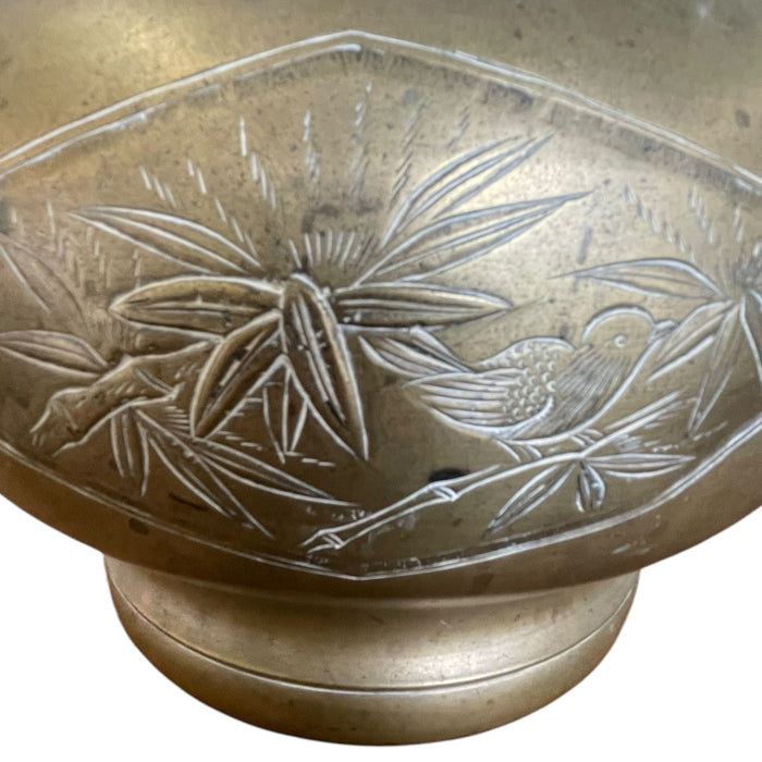 Vintage Possibly Brass Jardiniere Planter with Engraved Floral and Geometric Design.