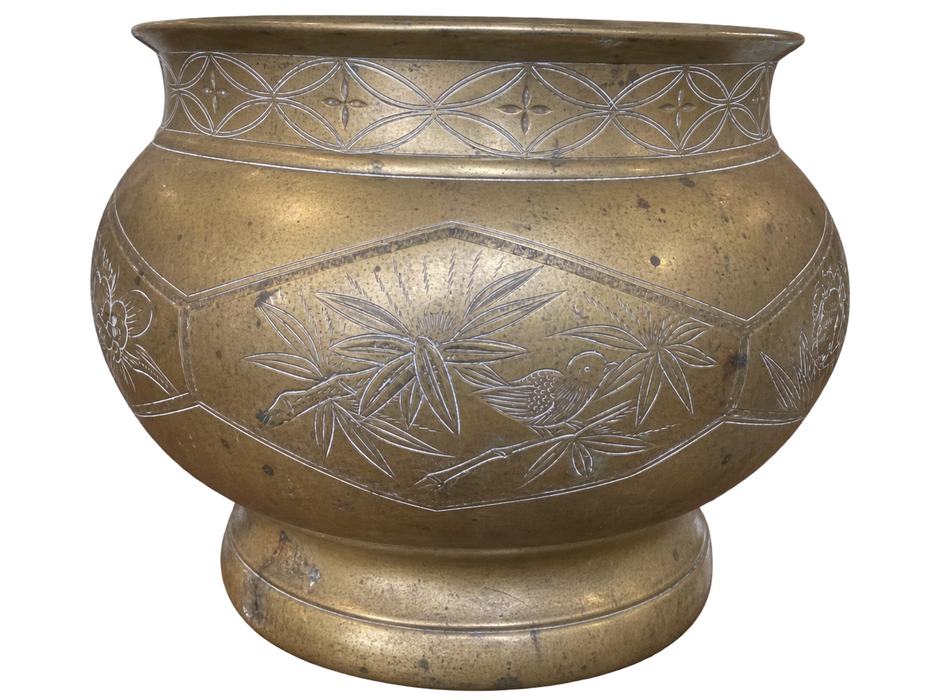 Vintage Possibly Brass Jardiniere Planter with Engraved Floral and Geometric Design.