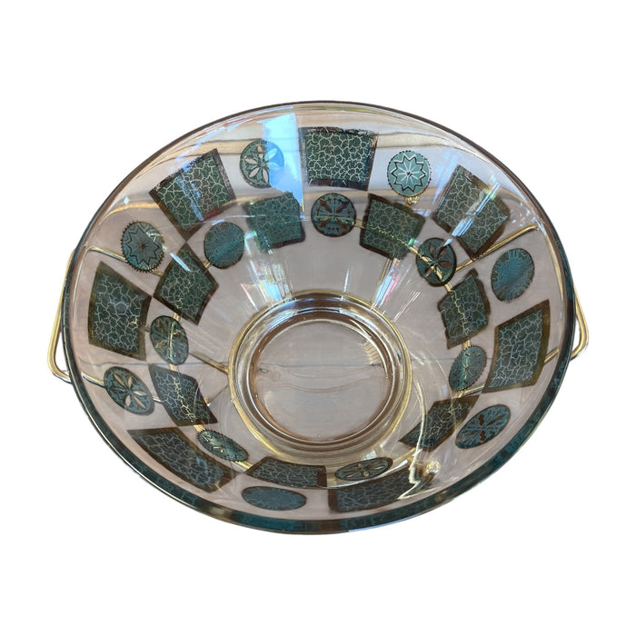 Vintage Mid-Century Modern Glass Serving Bowl with Gold-Tone Metal Stand