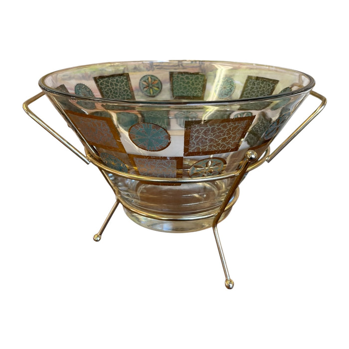 Vintage Mid-Century Modern Glass Serving Bowl with Gold-Tone Metal Stand