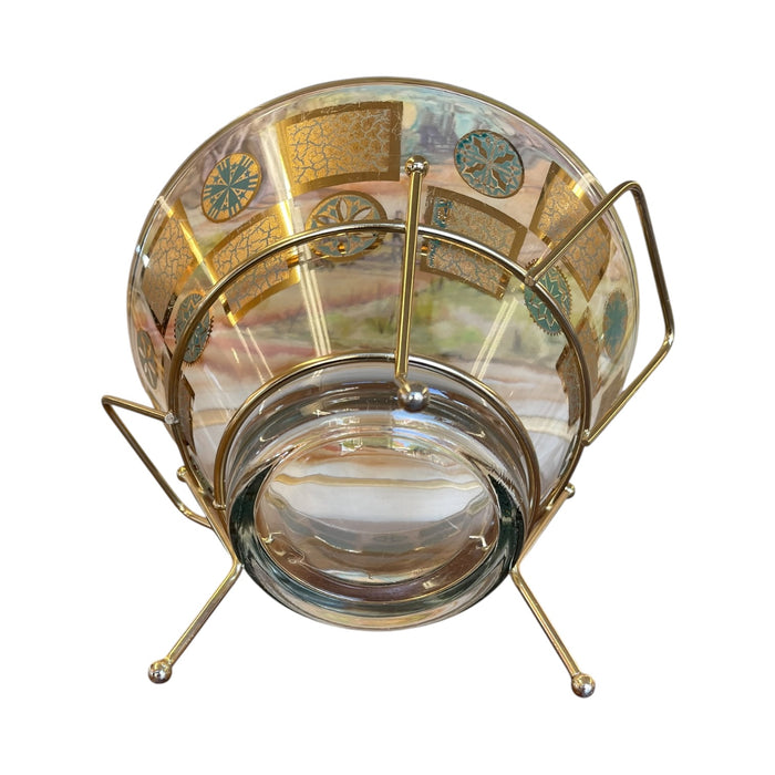 Vintage Mid-Century Modern Glass Serving Bowl with Gold-Tone Metal Stand