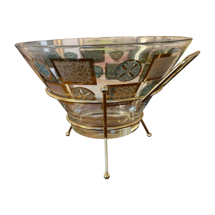 Vintage Mid-Century Modern Glass Serving Bowl with Gold-Tone Metal Stand