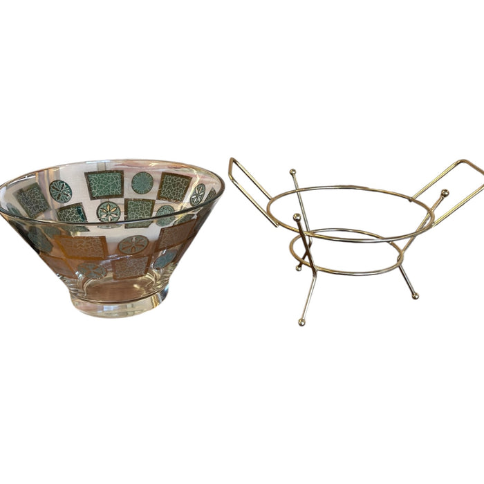 Vintage Mid-Century Modern Glass Serving Bowl with Gold-Tone Metal Stand