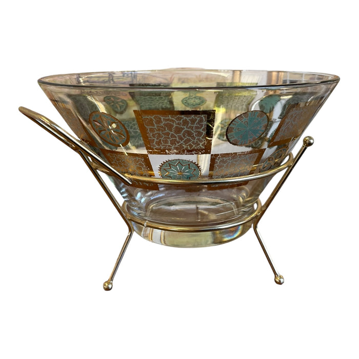 Vintage Mid-Century Modern Glass Serving Bowl with Gold-Tone Metal Stand
