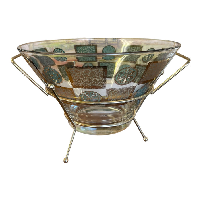 Vintage Mid-Century Modern Glass Serving Bowl with Gold-Tone Metal Stand