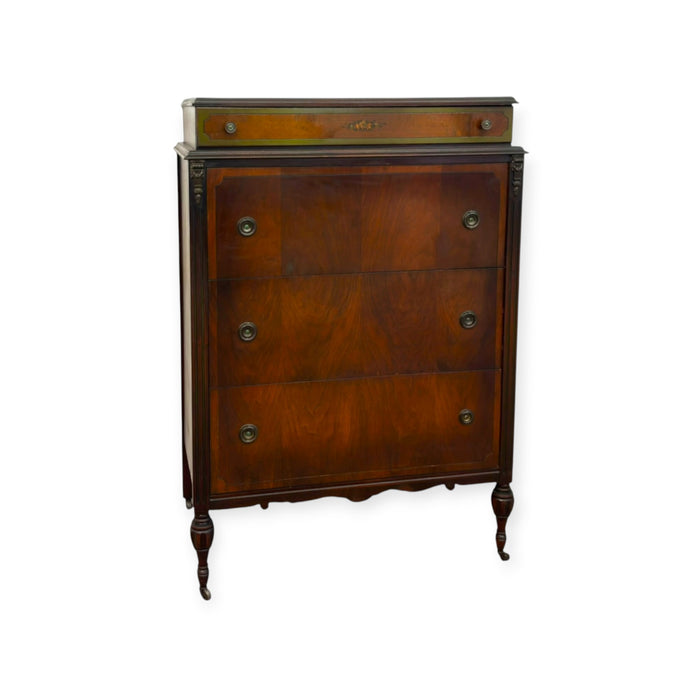 Antique 4-Drawer Wood Tallboy Chest of Drawers with Painted Accents
