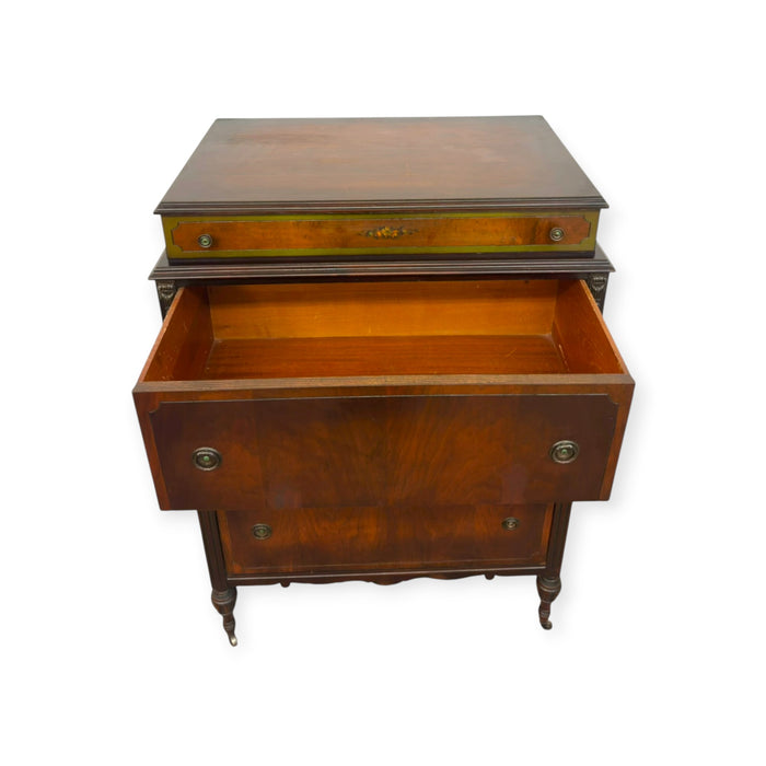Antique 4-Drawer Wood Tallboy Chest of Drawers with Painted Accents