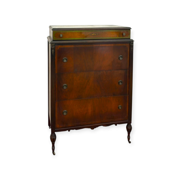 Antique 4-Drawer Wood Tallboy Chest of Drawers with Painted Accents