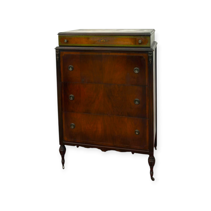 Antique 4-Drawer Wood Tallboy Chest of Drawers with Painted Accents