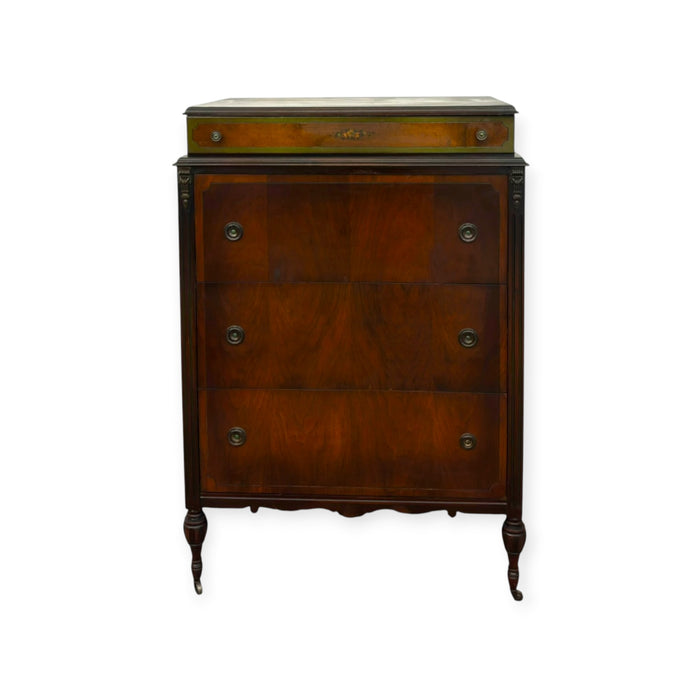 Antique 4-Drawer Wood Tallboy Chest of Drawers with Painted Accents