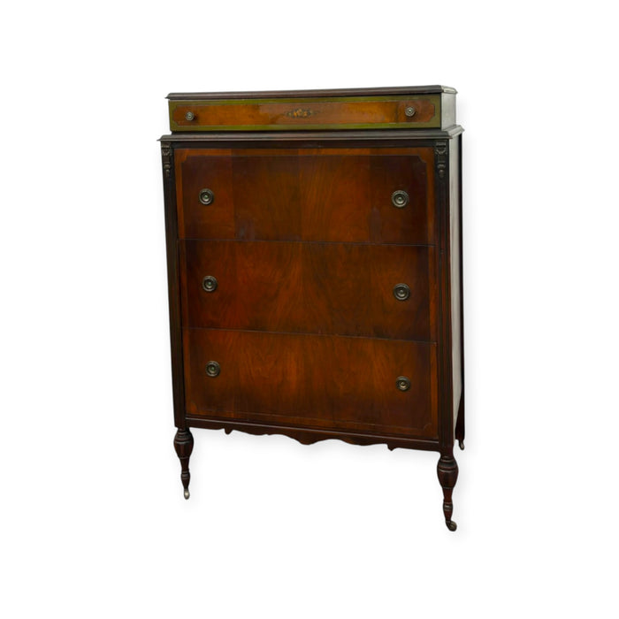Antique 4-Drawer Wood Tallboy Chest of Drawers with Painted Accents
