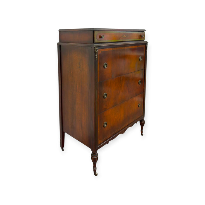 Antique 4-Drawer Wood Tallboy Chest of Drawers with Painted Accents