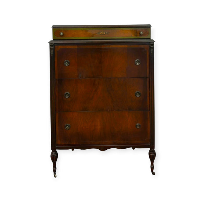 Antique 4-Drawer Wood Tallboy Chest of Drawers with Painted Accents